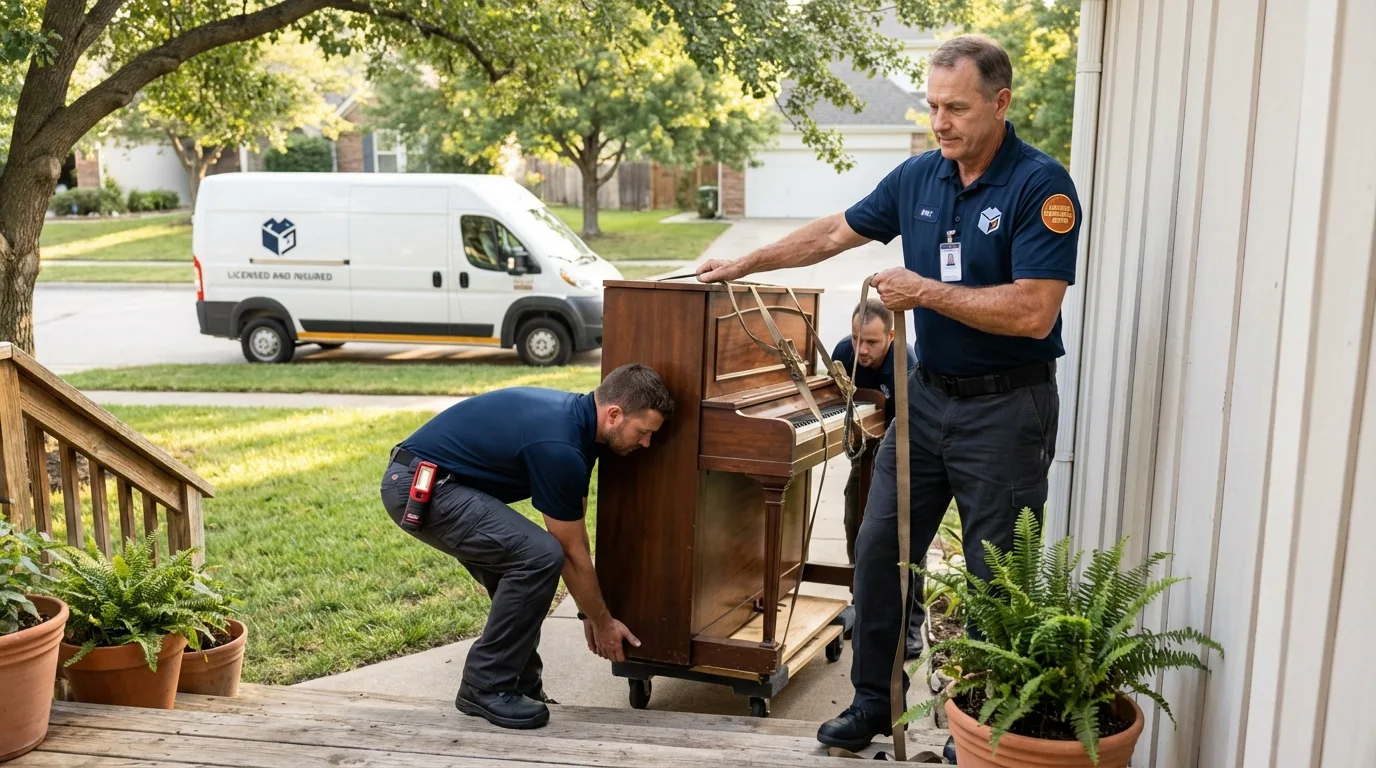 Licensed piano movers securing grand piano in Nunda, NY