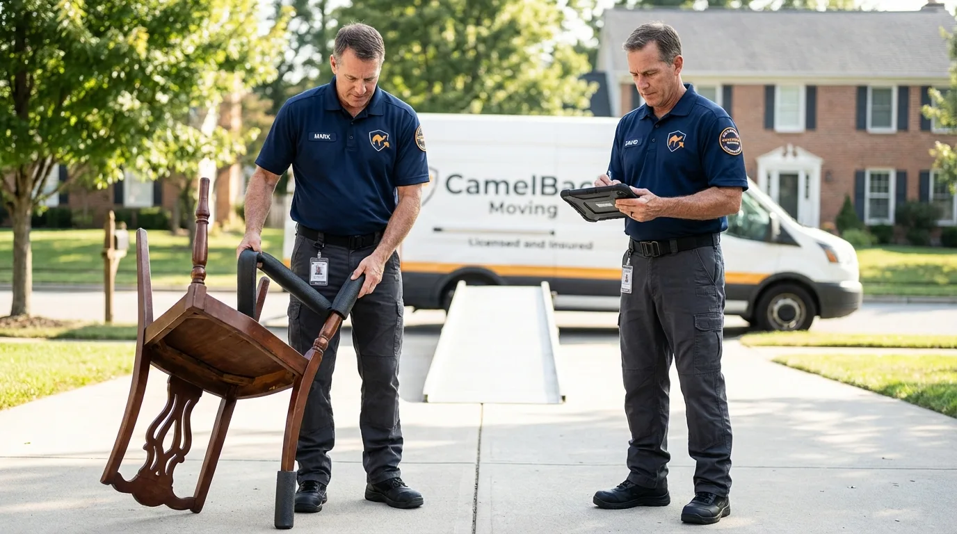 Movers inspecting furniture for damage prevention before loading in Nunda, NY